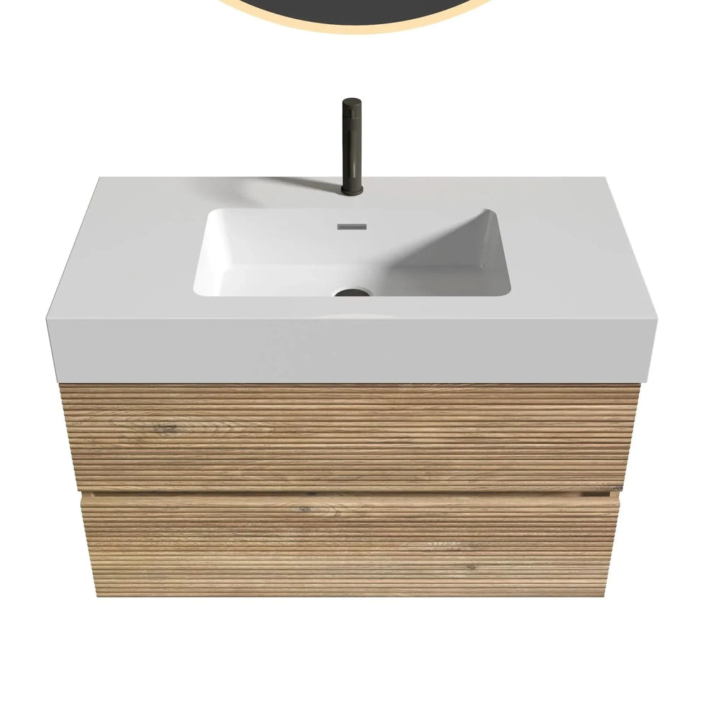 Floating Bathroom Vanity Oak White Quartz Sink & Soft Close Drawers Media 6