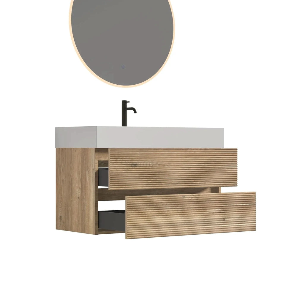 Floating Bathroom Vanity Oak White Quartz Sink & Soft Close Drawers Media 2