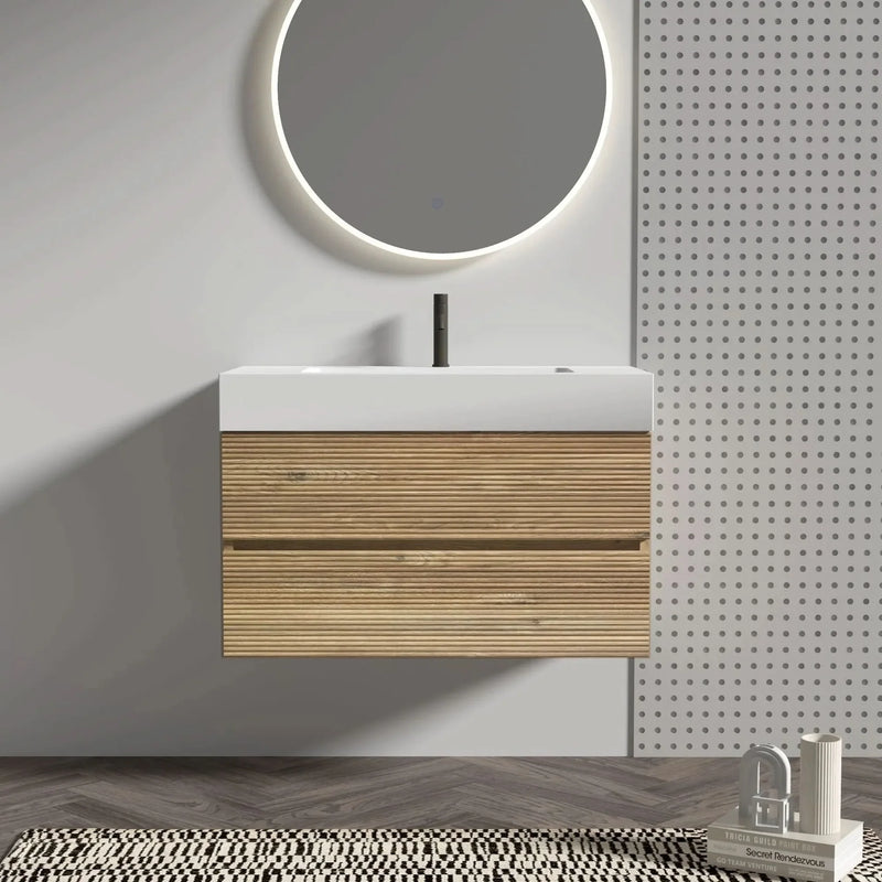 Floating Bathroom Vanity Oak White Quartz Sink & Soft Close Drawers