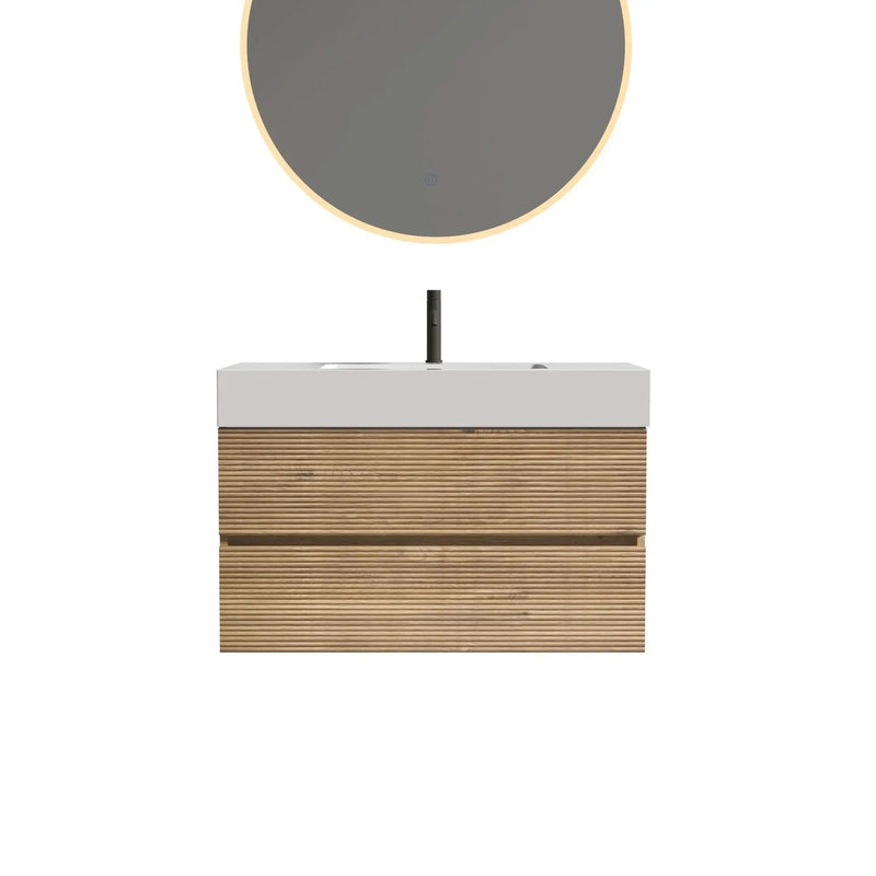 Floating Bathroom Vanity Oak White Quartz Sink & Soft Close Drawers