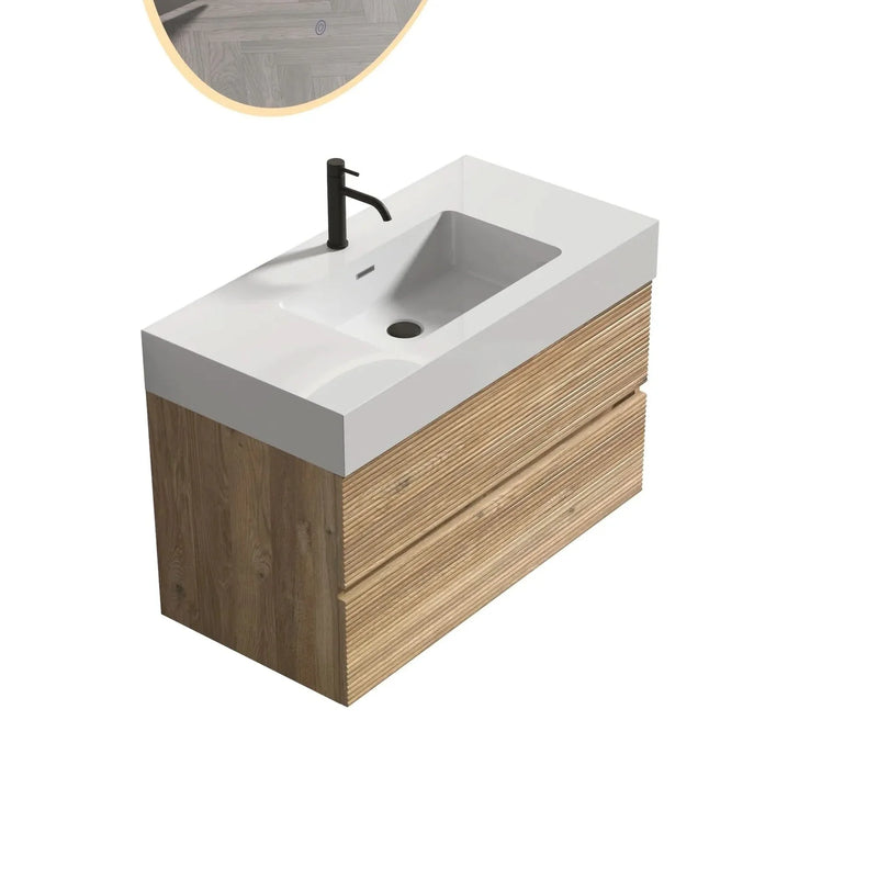 Floating Bathroom Vanity Oak White Quartz Sink & Soft Close Drawers