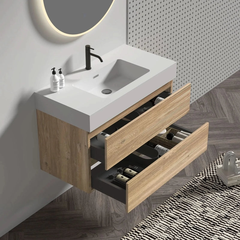 Floating Bathroom Vanity Oak White Quartz Sink & Soft Close Drawers