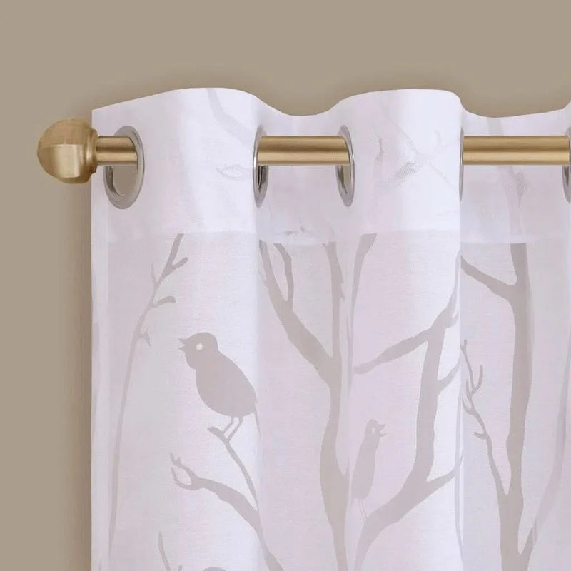 Sheer Window Curtain Polyester Grommet Top Bird Branches Pattern White