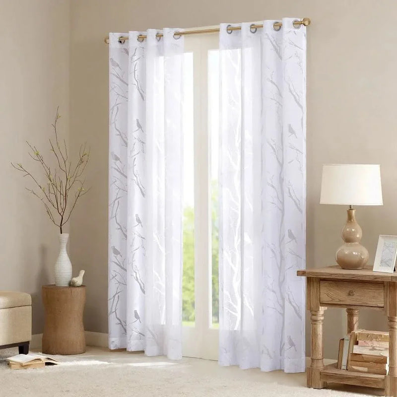 Bird On Branches Sheer Curtain Polyester Burnout Grommet Top Single Panel
