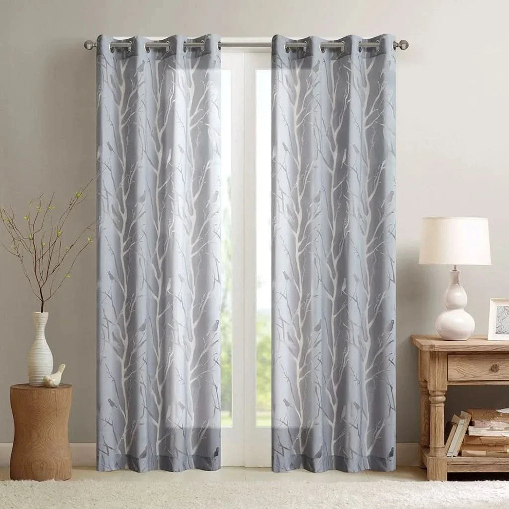 Sheer Curtain Bird On Branches Burnout Polyester Grommet Top Panel Media 1