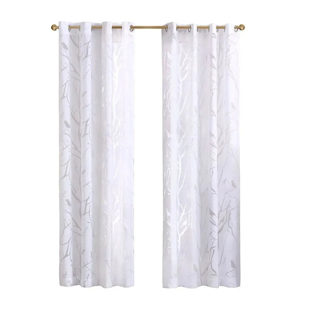 Bird On Branches Burnout Curtain Window Polyester Grommet Top White Media 8