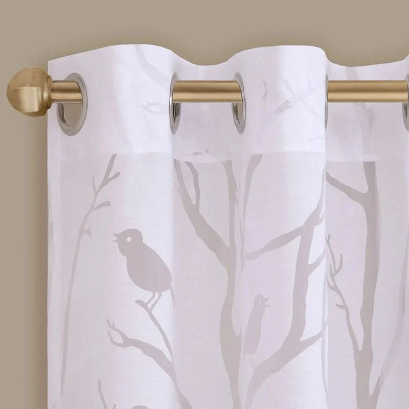 Sheer Window Curtain Polyester Grommet Top Bird Branches Pattern White