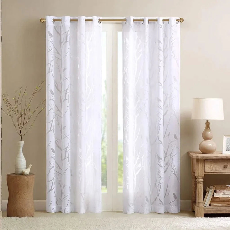 Bird On Branches Sheer Curtain Polyester Burnout Grommet Top Single Panel