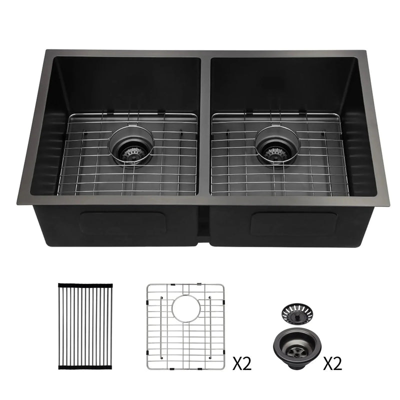 Stainless Steel Kitchen Sink Gunmetal Black Double Bowl Undermount 33x19