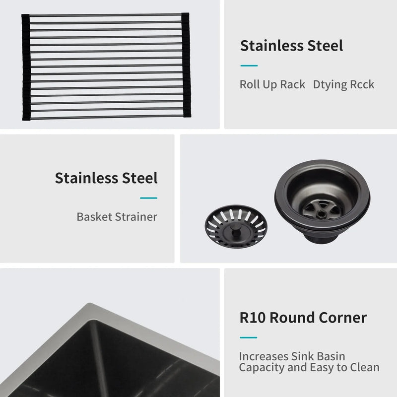 Stainless Steel Kitchen Sink Gunmetal Black Double Bowl Undermount 33x19