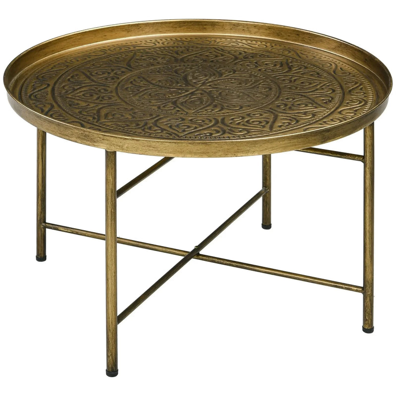 Round Coffee Table Metal Hammered Tray Top & Vintage Gold Finish Style