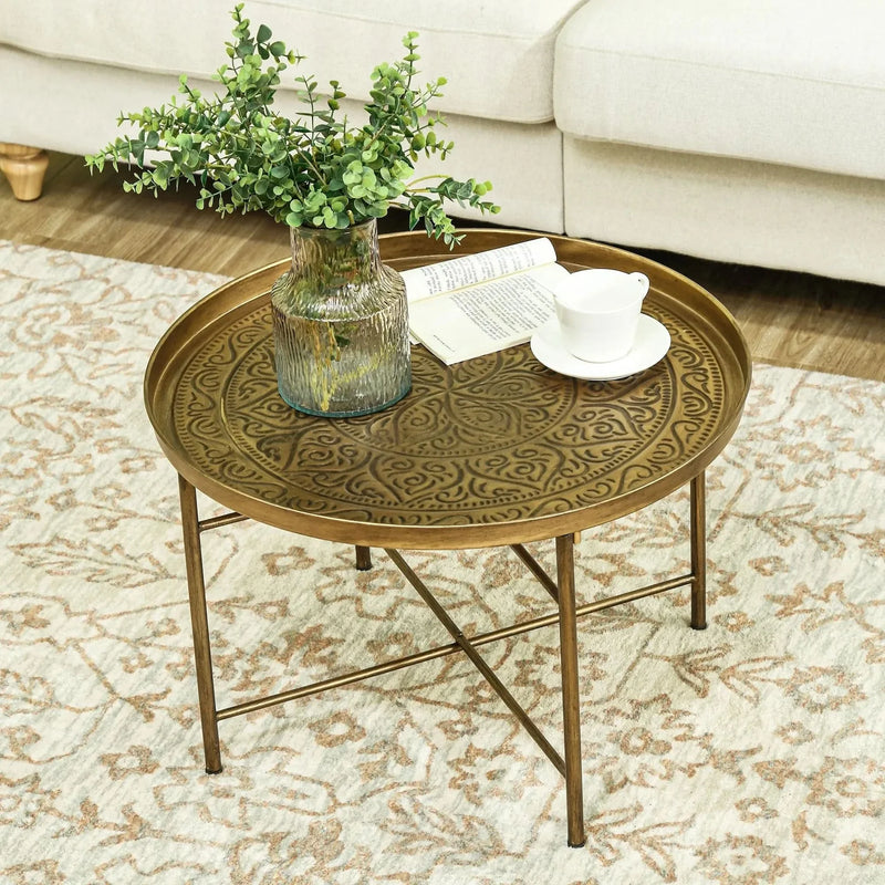 Round Coffee Table Metal Hammered Tray Top & Vintage Gold Finish Style