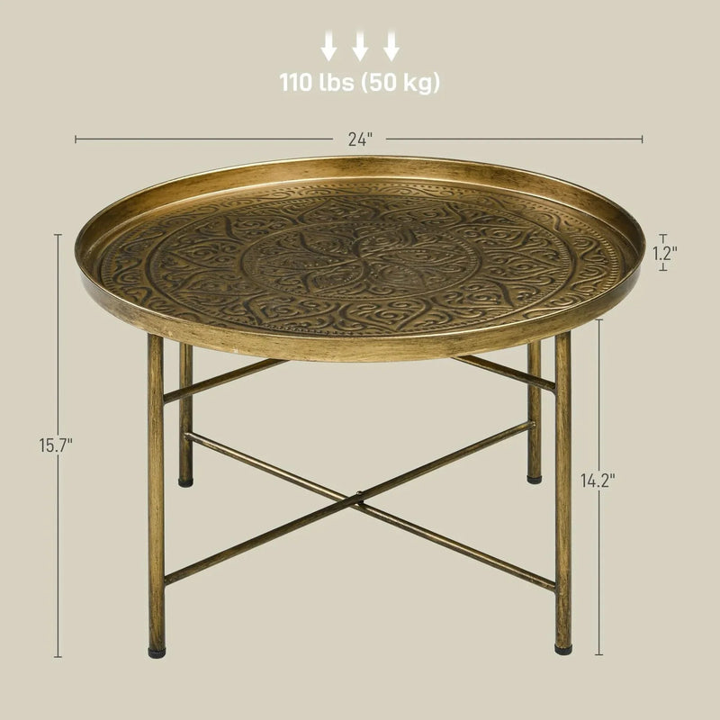 Round Coffee Table Metal Hammered Tray Top & Vintage Gold Finish Style