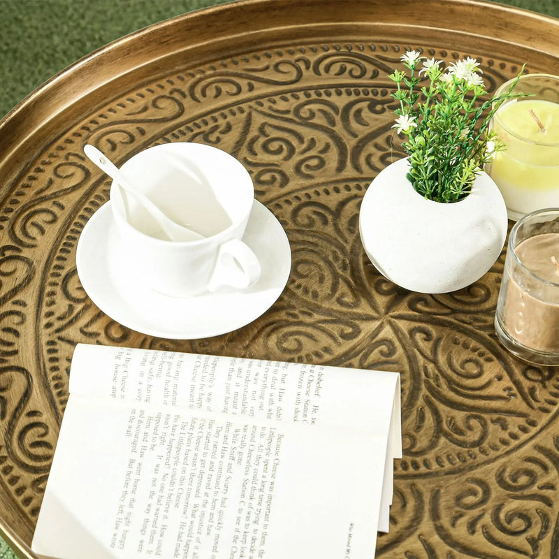 Round Coffee Table Metal Hammered Tray Top & Vintage Gold Finish Style