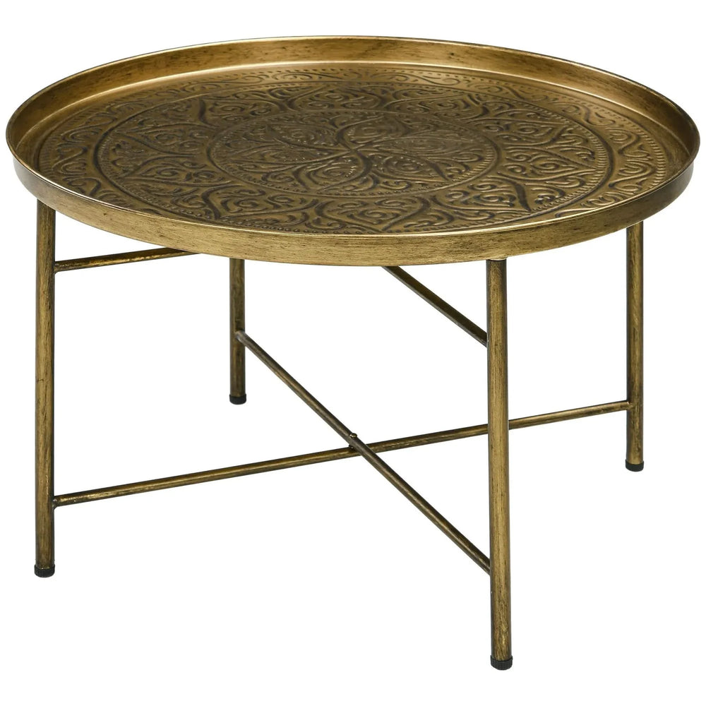 Round Coffee Table Metal Hammered Tray Top & Vintage Gold Finish Style Media 10