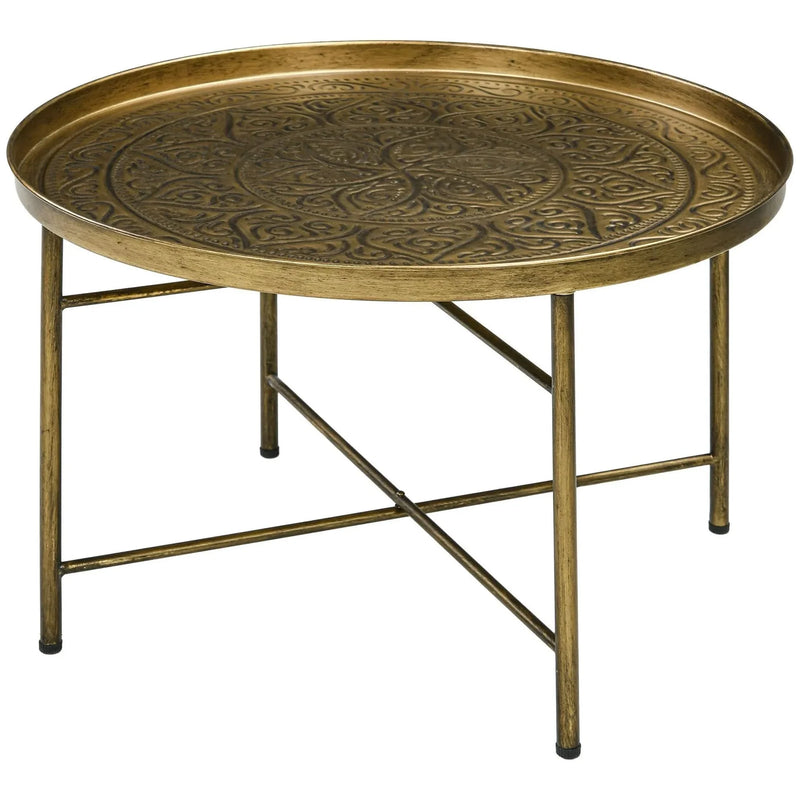 Round Coffee Table Metal Hammered Tray Top & Vintage Gold Finish Style