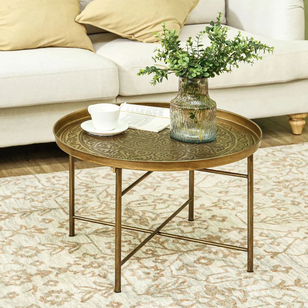 Round Coffee Table Metal Hammered Tray Top & Vintage Gold Finish Style Media 9