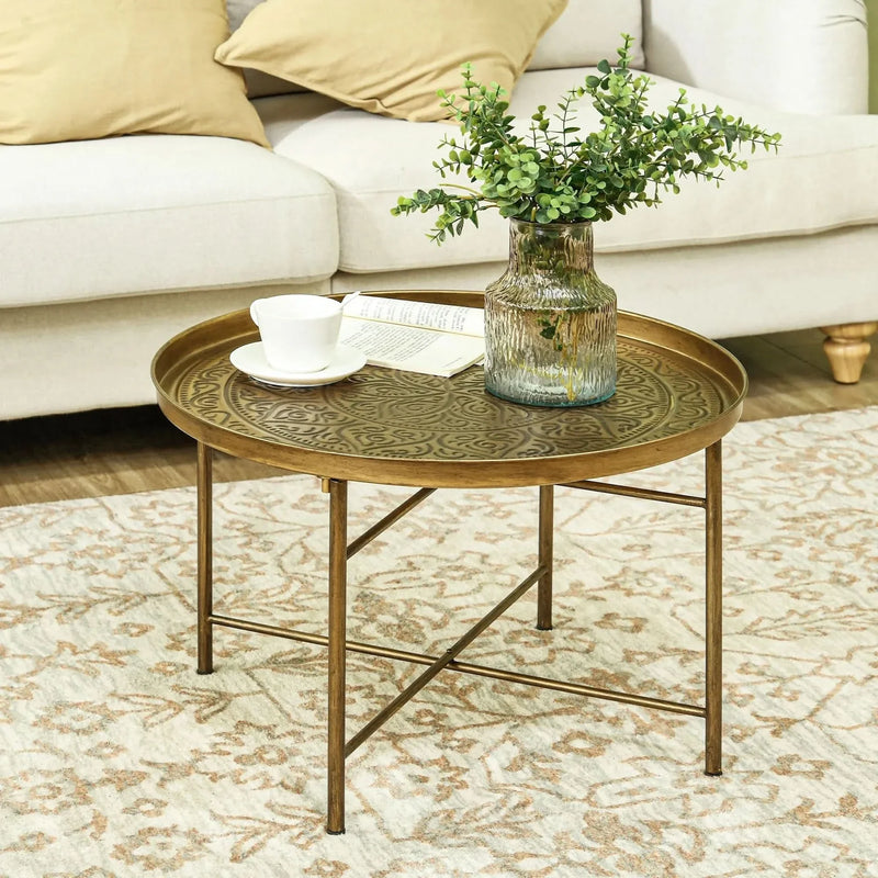 Round Coffee Table Metal Hammered Tray Top & Vintage Gold Finish Style