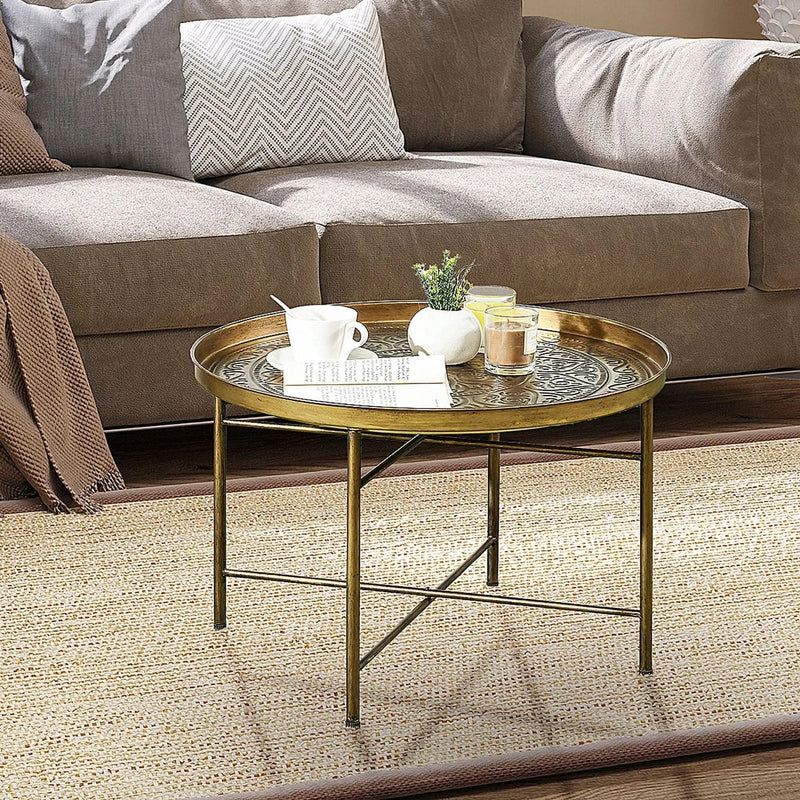 Round Coffee Table Metal Hammered Tray Top & Vintage Gold Finish Style
