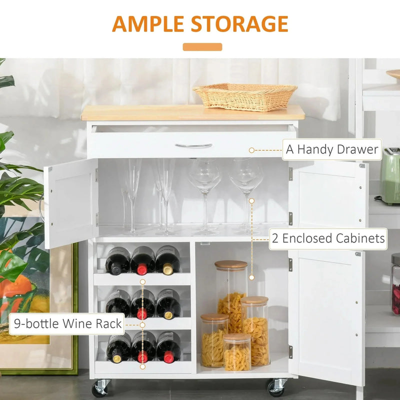 Bar Cart Rubber Wood Rolling Kitchen Island On Wheels And Wine Rack