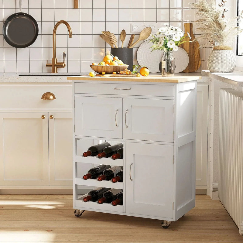Bar Cart Rubber Wood Rolling Kitchen Island On Wheels And Wine Rack
