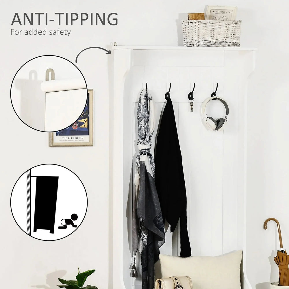 Hall Tree Coat Rack & Storage Bench White Wood Finish With Seating Media 7