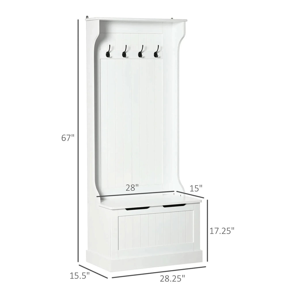 Hall Tree Coat Rack & Storage Bench White Wood Finish With Seating Media 3