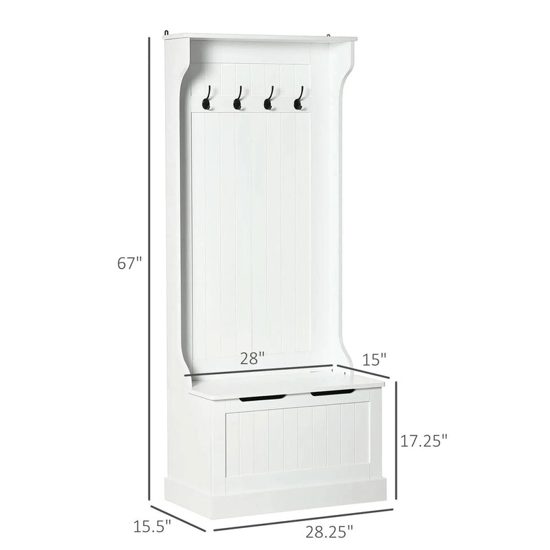 Hall Tree Coat Rack & Storage Bench White Wood Finish With Seating