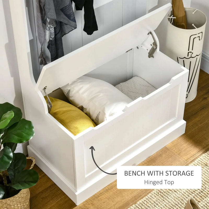Hall Tree Coat Rack & Storage Bench White Wood Finish With Seating