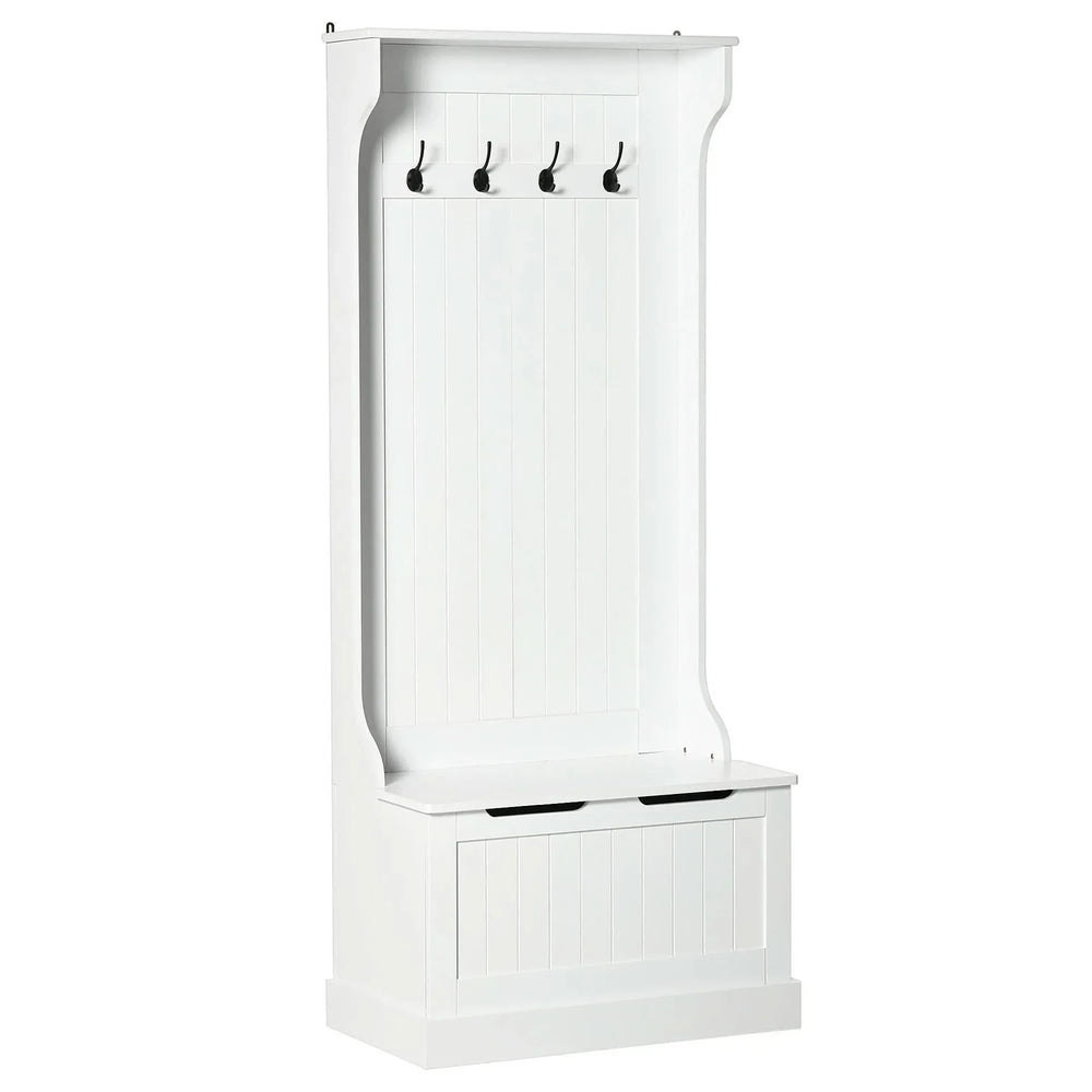 Hall Tree Coat Rack & Storage Bench White Wood Finish With Seating Media 1