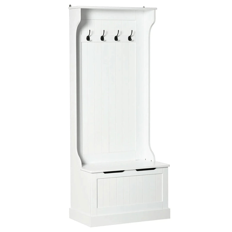 Hall Tree Coat Rack & Storage Bench White Wood Finish With Seating