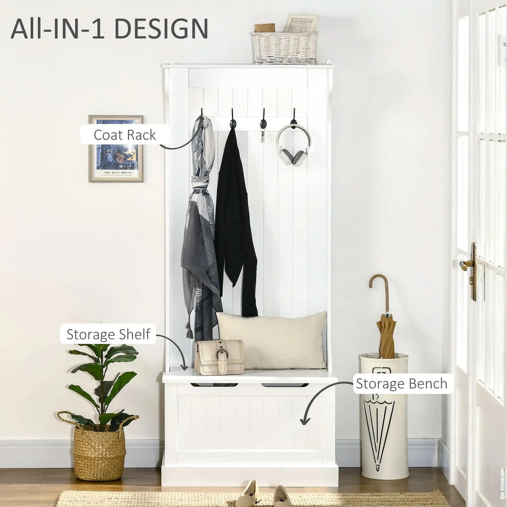 Hall Tree Coat Rack & Storage Bench White Wood Finish With Seating Media 4