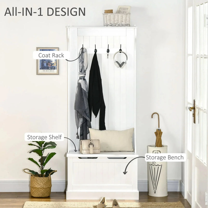 Hall Tree Coat Rack & Storage Bench White Wood Finish With Seating