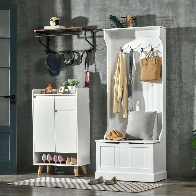 Hall Tree Coat Rack & Storage Bench White Wood Finish With Seating