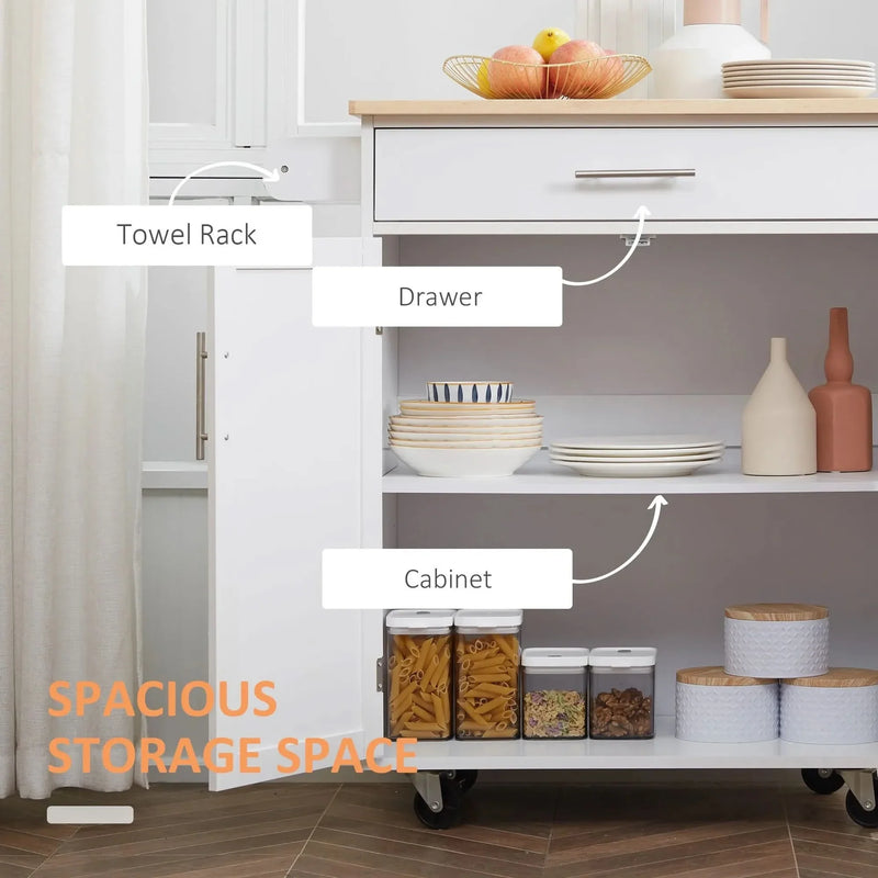 Kitchen Island Cart Rubber Wood White With Drawer & Storage Cabinet & Towel Rack