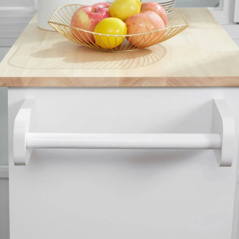 Kitchen Island Cart Rubber Wood White With Drawer & Storage Cabinet & Towel Rack