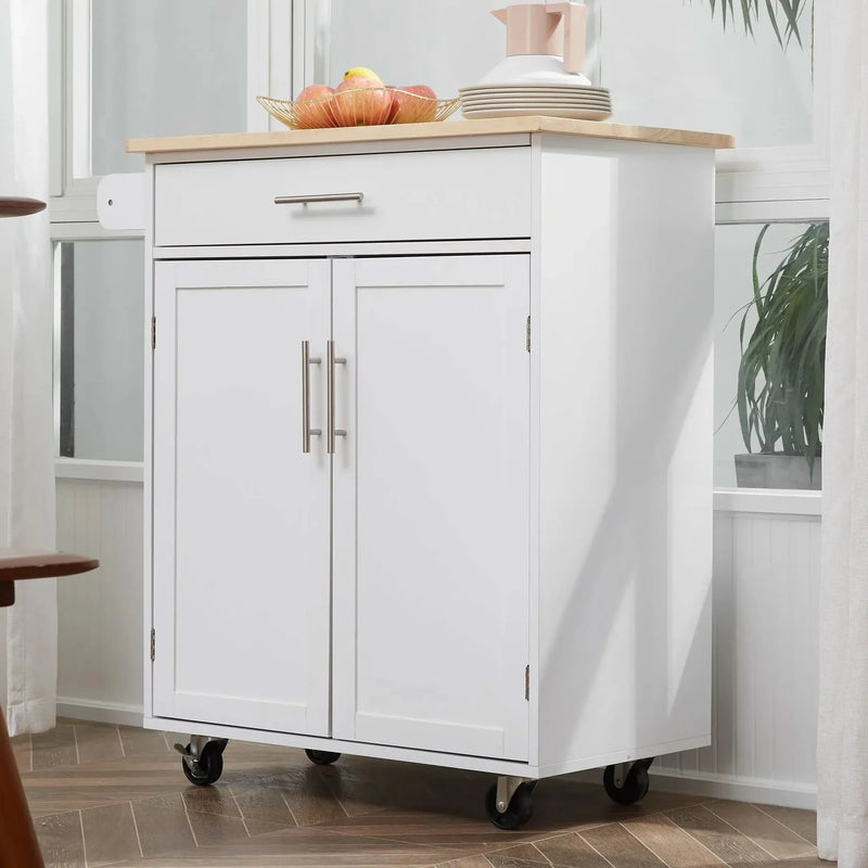 Kitchen Island Cart Rubber Wood White With Drawer & Storage Cabinet & Towel Rack
