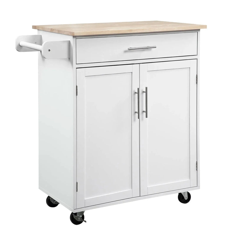 Kitchen Island Cart Rubber Wood White With Drawer & Storage Cabinet & Towel Rack