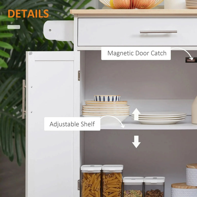 Kitchen Island Cart Rubber Wood White With Drawer & Storage Cabinet & Towel Rack