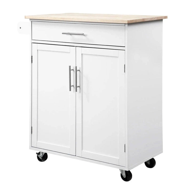 Kitchen Island Cart Rubber Wood White With Drawer & Storage Cabinet & Towel Rack