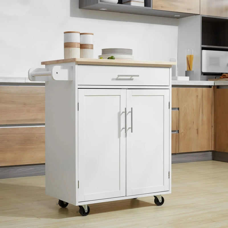 Kitchen Island Cart Rubber Wood White With Drawer & Storage Cabinet & Towel Rack