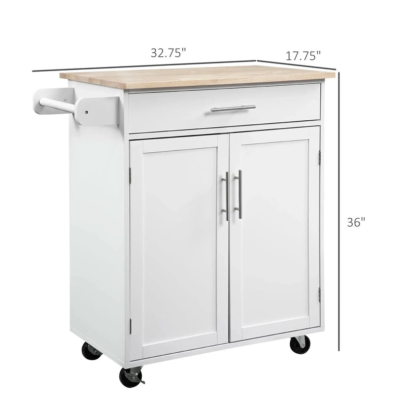 Kitchen Island Cart Rubber Wood White With Drawer & Storage Cabinet & Towel Rack