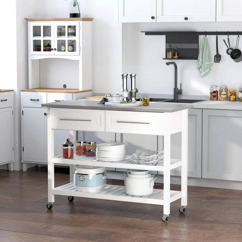 Kitchen Island Stainless Steel Top Rolling Cart With Drawers White Finish