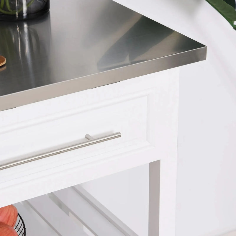 Kitchen Island Stainless Steel Top Rolling Cart With Drawers White Finish