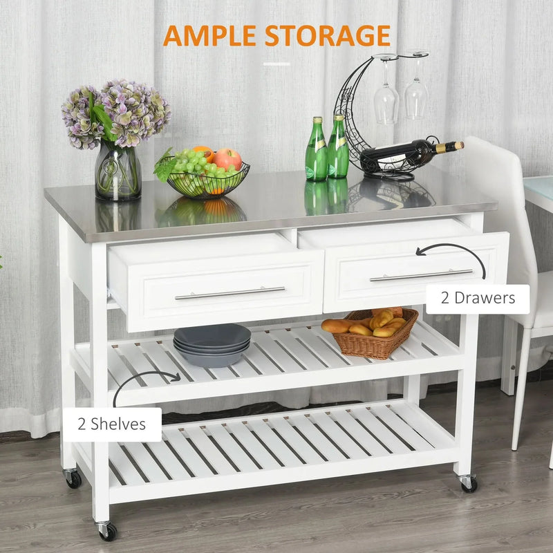 Kitchen Island Stainless Steel Top Rolling Cart With Drawers White Finish