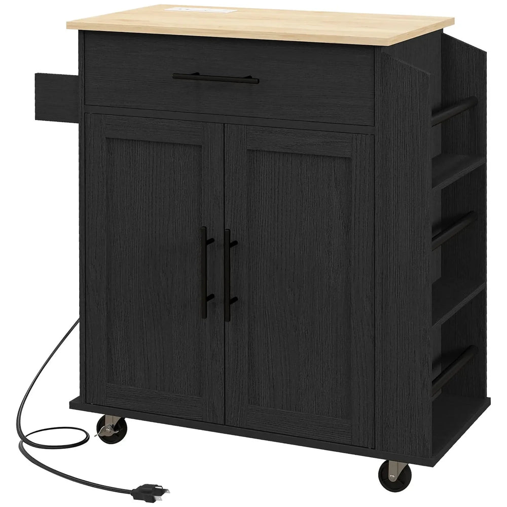 Kitchen Island Wooden Cabinet Rolling Cart With Storage & USB Ports Media 1