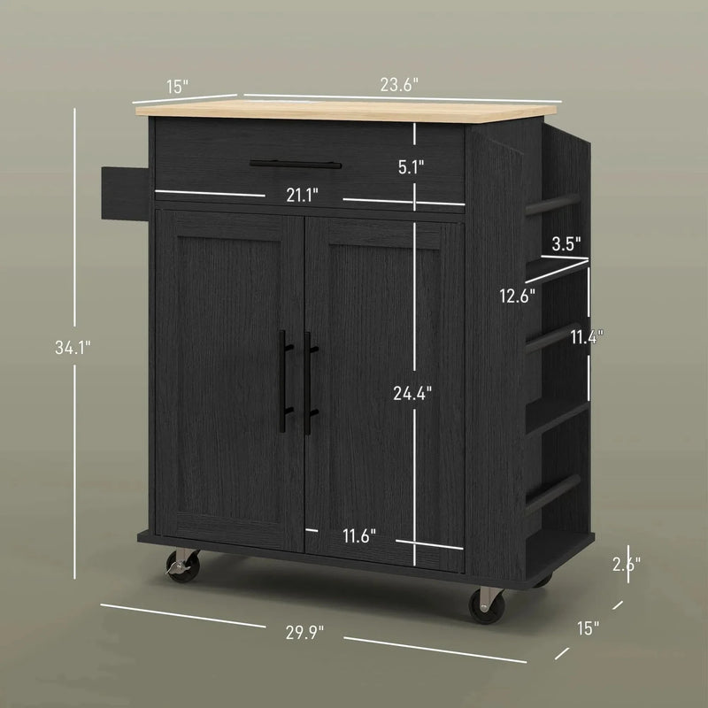 Kitchen Island Wooden Cabinet Rolling Cart With Storage & USB Ports