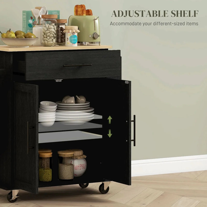 Kitchen Island Wooden Cabinet Rolling Cart With Storage & USB Ports