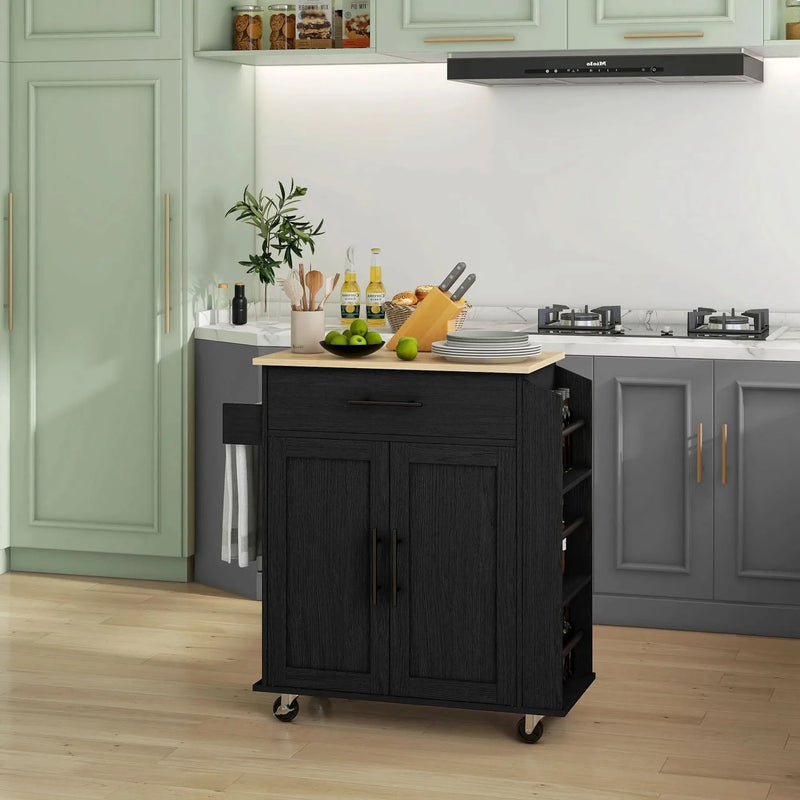 Kitchen Island Wooden Cabinet Rolling Cart With Storage & USB Ports