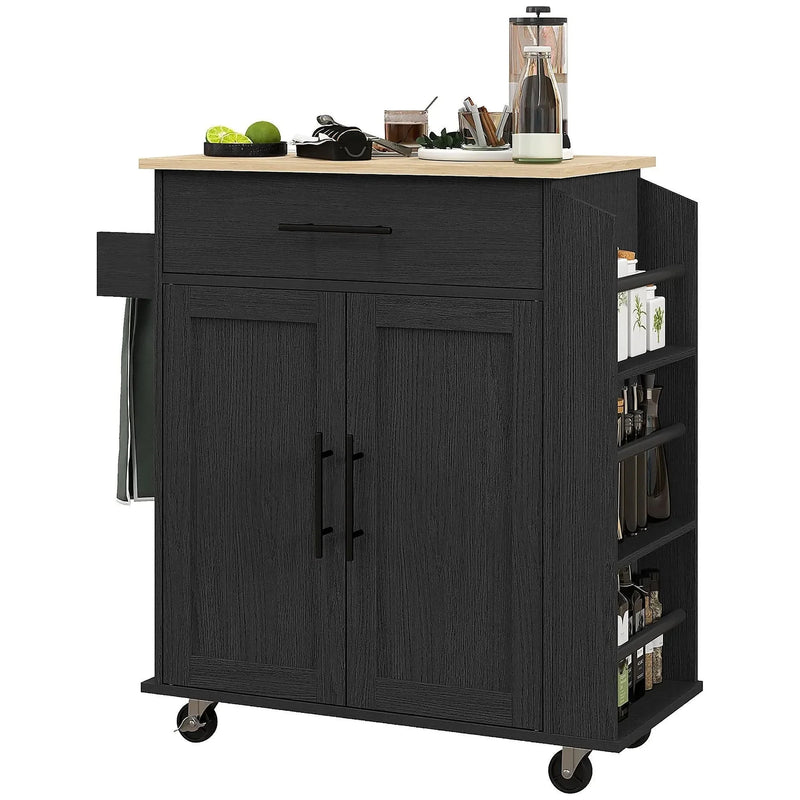 Kitchen Island Wooden Cabinet Rolling Cart With Storage & USB Ports